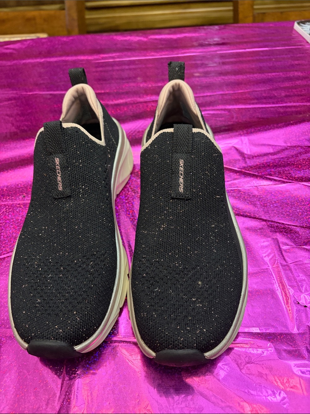 Skechers Black Knit Slip-On Sneakers with Pale Pink Trim